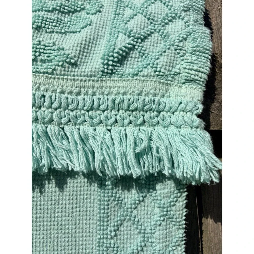 Vtg Hobnail Rose Chenille Curtains Drapes Light Aqua Blue Cottage Grannycore